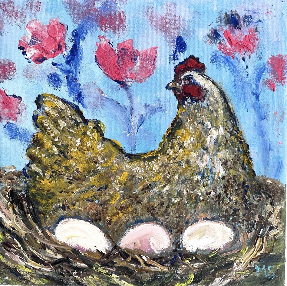 Hen in a Spring Garden — original painting by Marina Stognieva